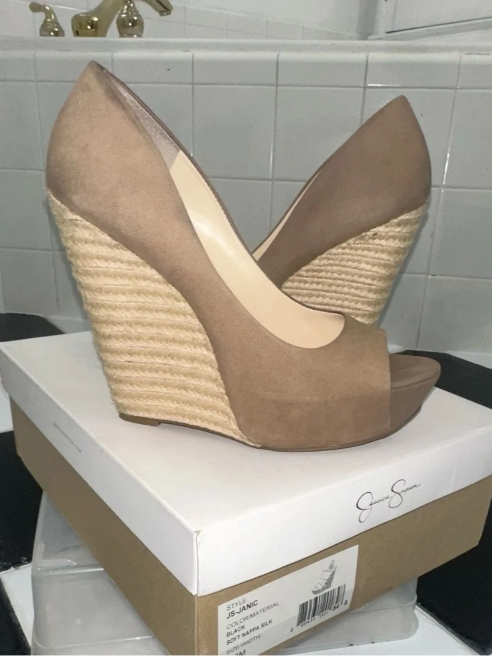 Jessica Simpson Taupe Espadrille Rope-Wedge Peep Toe Pumps